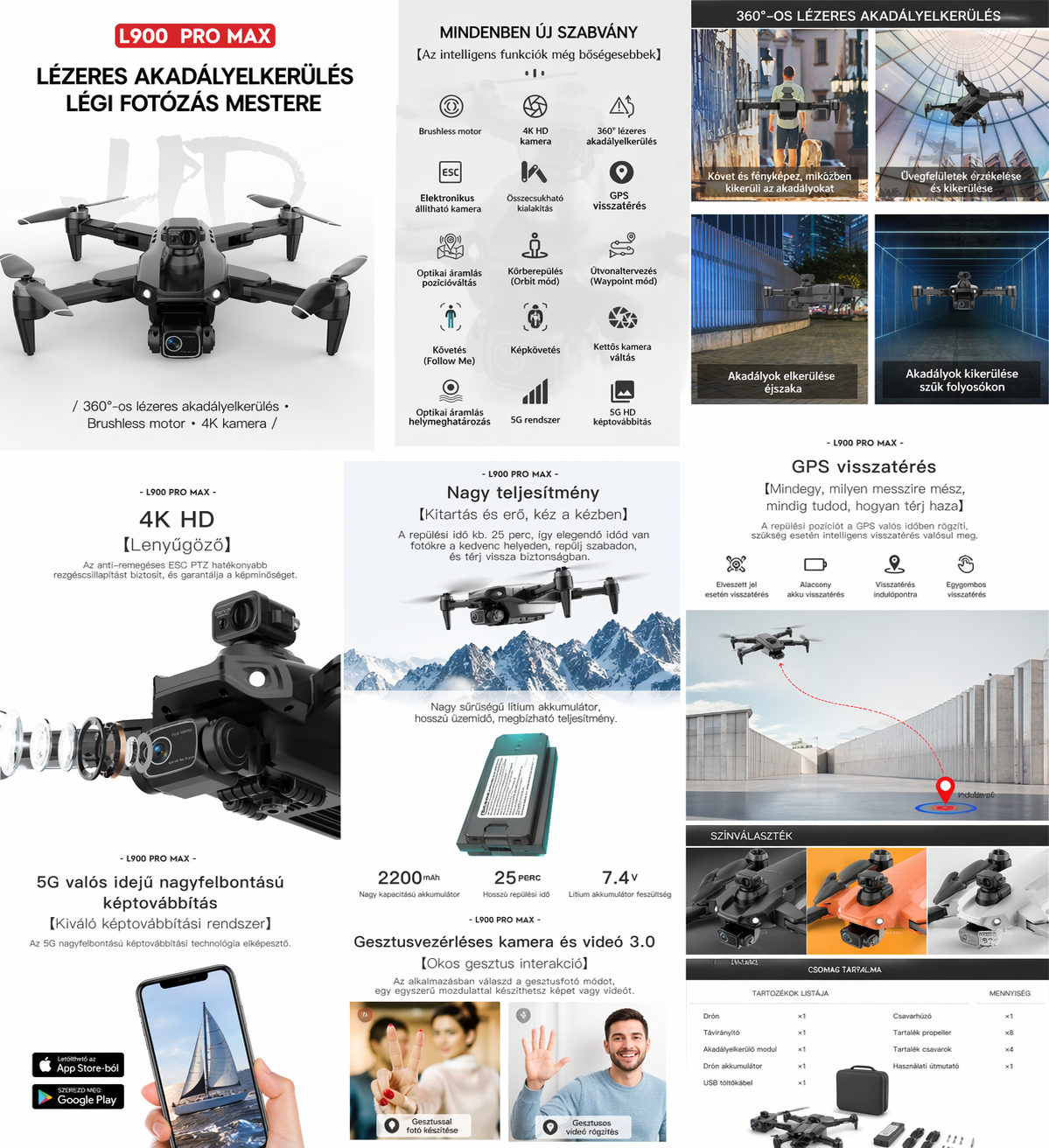 L900 Pro SE MAX GPS drón 4K kamerával – professzionális mini quadcopter, WiFi, FPV, 360° akadályelkerülés, brushless motor