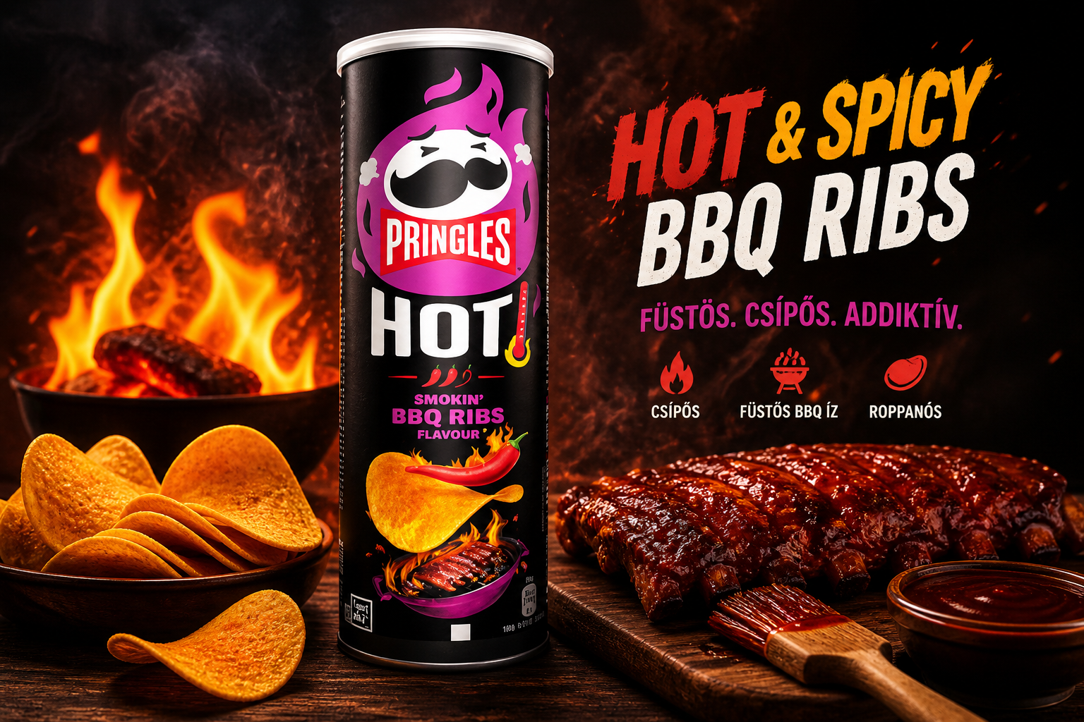Pringles Hot & Spicy BBQ Ribs 160g – intenzív füstös BBQ íz csípős csavarral