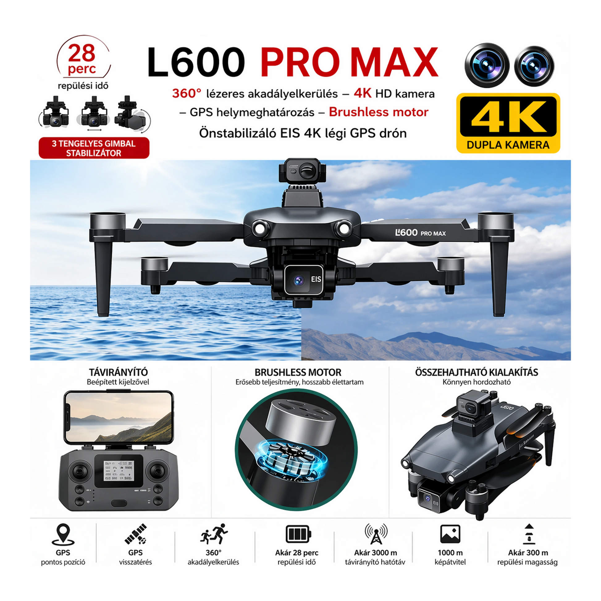 L600 Pro Max 4K GPS drón dupla kamerával import termékfotó Candyland Tata - 7. kép