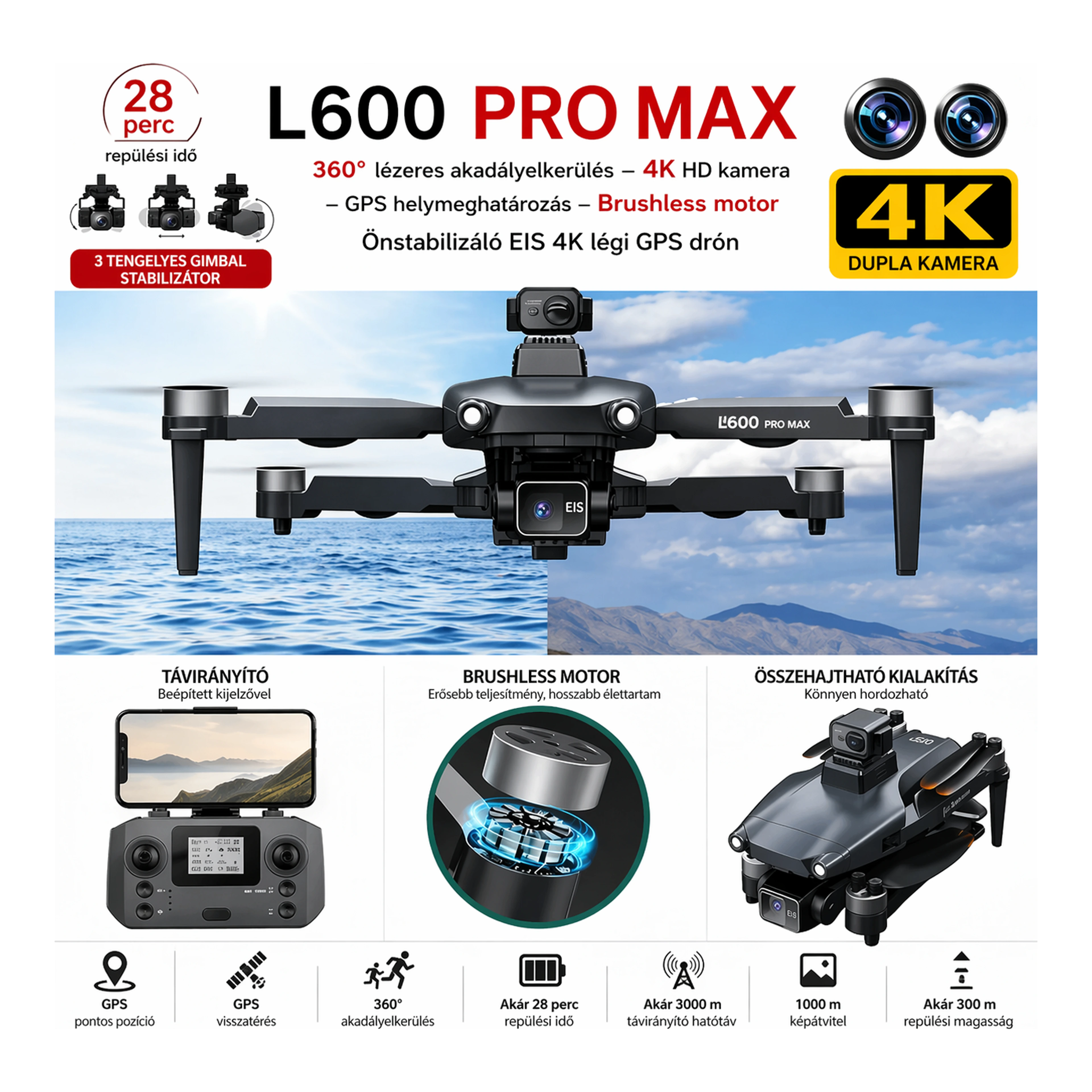 L600 Pro Max 4K GPS drón dupla kamerával import termékfotó Candyland Tata - 7. kép
