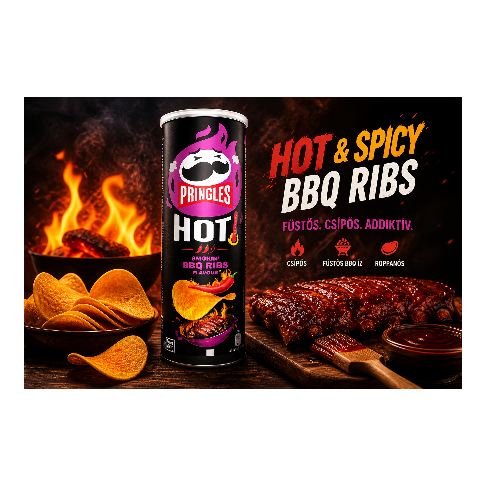 Pringles Hot & Spicy BBQ Ribs 160 g - intenzív füstös BBQ íz csípős csavarral import termékfotó Candyland Tata - 2. kép
