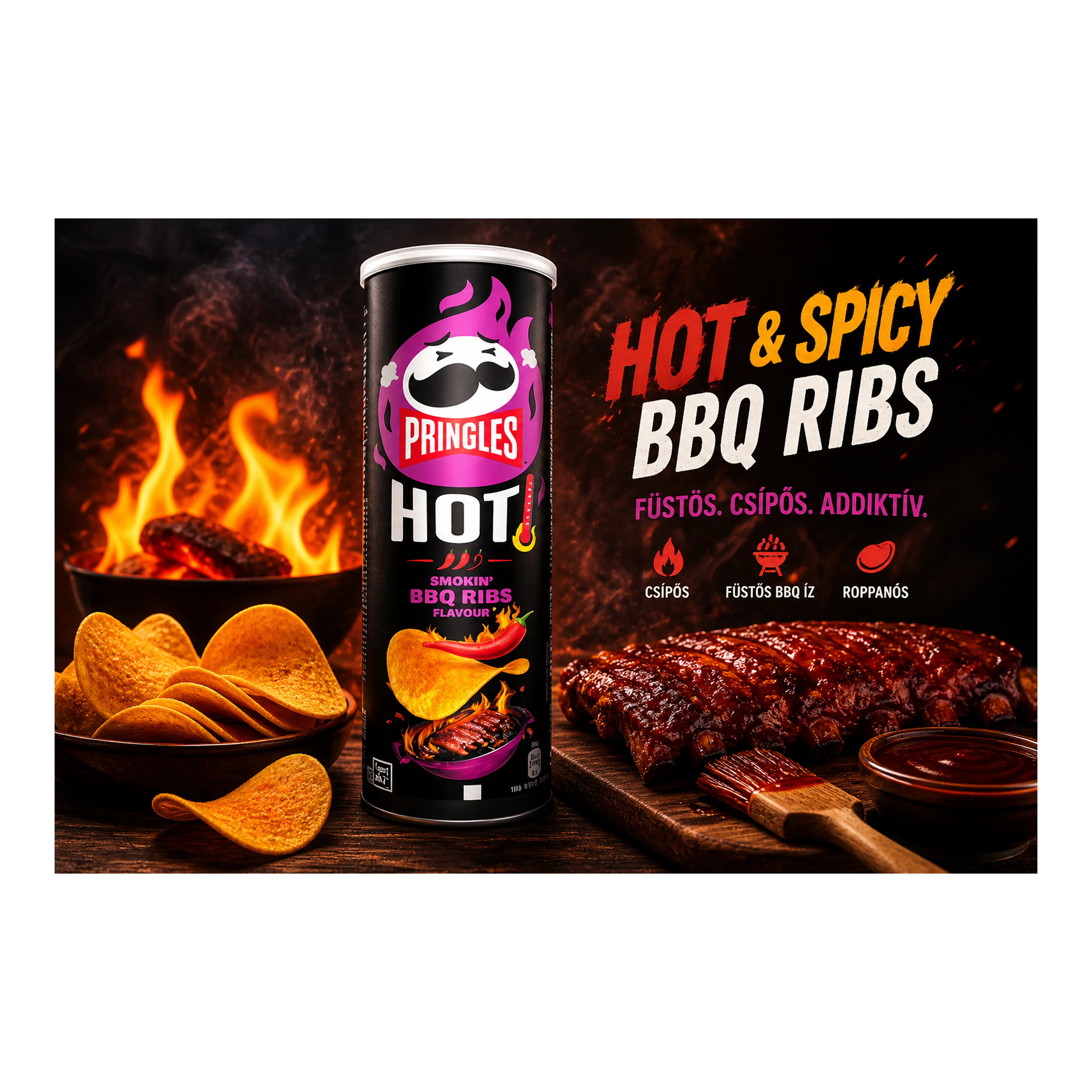 Pringles Hot & Spicy BBQ Ribs 160 g - intenzív füstös BBQ íz csípős csavarral import termékfotó Candyland Tata - 2. kép